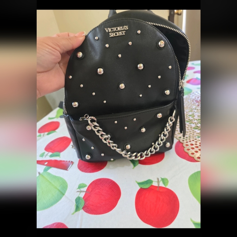 Victoria's Secret Black Mini Backpack with Silver Studs & Chain - Picture 2 of 3